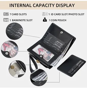 Compact black PU leather bifold wallet with multiple card slots, coin pouch, and ID window.