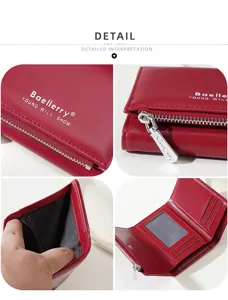 Red short tri-fold women wallet with zipper coin pocket, multiple card slots and clear ID window.