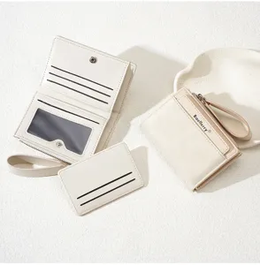 Women short color block wallet set with multiple card slots and zipper coin purse detail.
