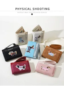 Detailed view of Baellerry cute dog embroidery short wallet with zipper and strap.