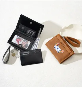 Short cute dog wallet multi-functional zipper coin purse with card slots and wrist strap.