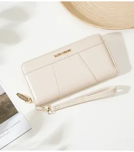 Solid color long women's clutch wallet, elegant zip wrist bag with multi-card slots.