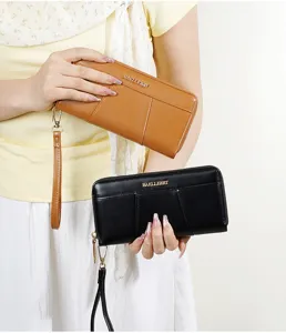Women's long PU leather wallet zip clutch purse with wrist strap solid color card holder