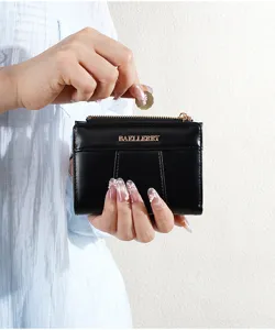 Women short PU leather wallet black card holder coin purse zipper compact bifold wallet