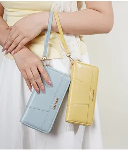 Solid color long women clutch wallet with wrist strap zipper design casual phone purse