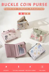 Women short bifold wallet cartoon floral print card slots coin purse chic zipper wallet
