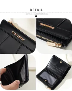 Close-up detail of women short PU leather wallet card slots and metal zipper pocket.