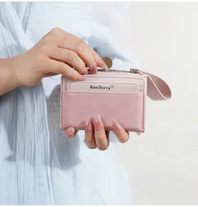 Women short wallet pink card holder zipper coin purse cute fashion multi-slot wrist strap bag