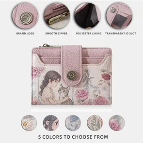 Women short wallet cute cartoon floral print pu leather card holder with zipper coin pocket