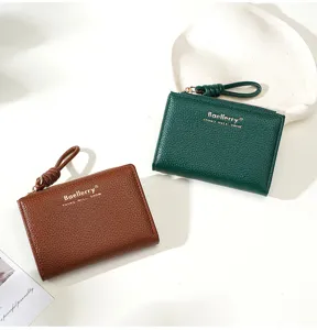 Portefeuille court pour femme en cuir PU motif litchi porte-carte fermeture éclair chic.