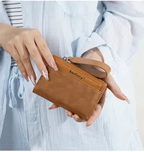 Women short color-blocking wallet zipper coin purse with wrist strap and multiple card slots.