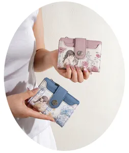 Detailed view of women's short PU leather wallet with cute cartoon floral print and card slots.