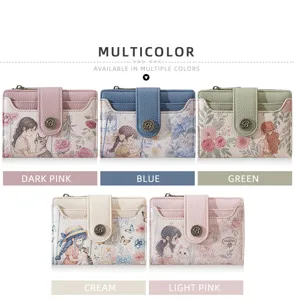 Women's short PU leather wallet with cartoon floral print, multiple card slots and zipper coin pocket.