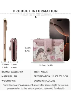 Women short PU leather wallet floral print card holder coin purse compact size 12.5cm