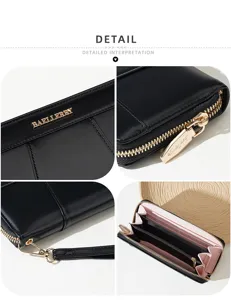 Black long women's leather wallet with zipper, wrist strap, and multiple card slots.