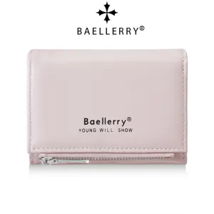 Women's trifold short wallet pink PU leather cute compact card holder with zipper coin pocket.