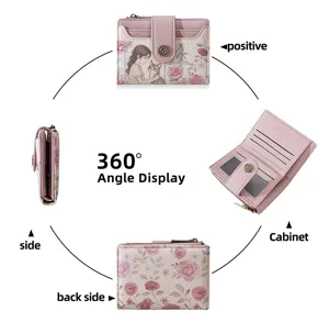 Detailed view of women short wallet with floral print and cat illustration, multi-card slot.