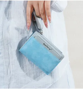 Women short color block wallet with card slots, zipper coin pocket and wrist strap detail