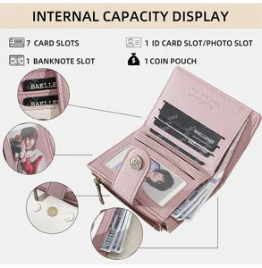 Women short bifold zipper wallet with multiple card slots and convenient coin pocket.
