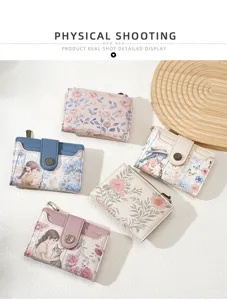 Women short wallet cute cartoon print card holder multi-slot zipper coin purse PU leather.