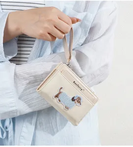 Cute puppy embroidered short wallet with wrist strap zipper coin purse for women daily casual