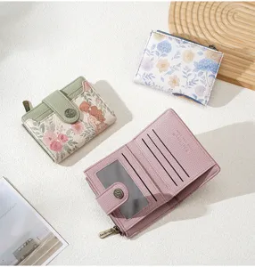Women short wallet multi-card slot zipper coin purse floral print folding PU leather purse
