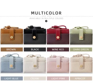 Detail view of women short wallet multi color card slots zipper pocket woven texture design.