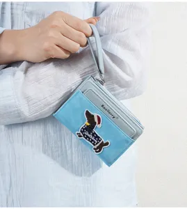 Cute cartoon puppy short wallet for women, multi-functional zipper coin purse with wrist strap.
