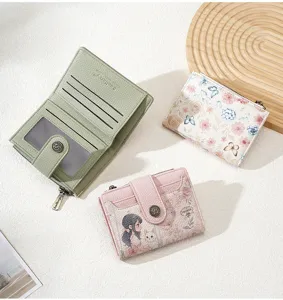 Women short wallet cute cartoon floral print card holder PU leather zipper coin purse