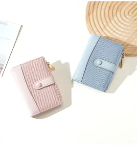 Women short wallet color block card holder stylish PU leather coin purse detail view