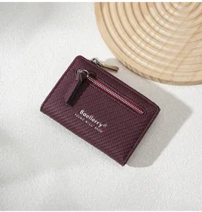 Women short wallet minimalist zip coin purse textured card holder burgundy fashion accessory