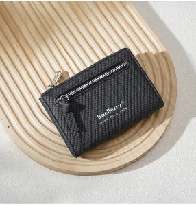 Detailed close-up view of the black woven texture short wallet featuring a secure zipper pocket.