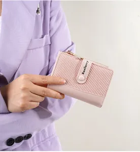 Women short colorblock wallet pink pu leather zipper card holder compact cute coin purse
