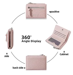 Detailed view of the pink short wallet showing multi-card slots, zipper pocket and soft texture.