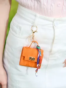 Kleine orange Leder Tasche Anhänger Schlüsselanhänger mit goldenem Beschlag und Schal
