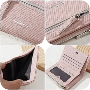 Women Short Wallet PU Leather Woven Texture Zipper Coin Purse Multi-card Slots Minimalist Fashion Card Holder N8371