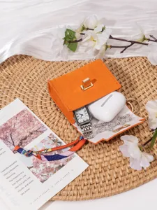 Mini Taschen Anhänger Schlüsselanhänger süße orange Geldbörse Kopfhörer Tasche für Damen.