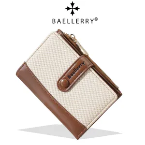 Womens short colorblock wallet with card slots and zipper pocket beige and brown design.