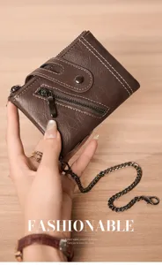 Vintage brown short wallet with dual zippers, card slots and a chic anti-loss metal chain.