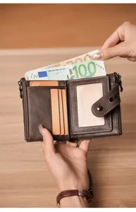 Men's retro brown leather short wallet with double zippers, multiple card slots and chain.