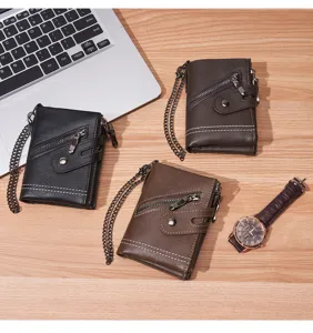 Men's vintage short wallet with chain, multi-card slot zipper coin purse and card holder.