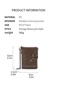 Vintage PU leather men short wallet detail view showcasing multiple card slots and metal chain.