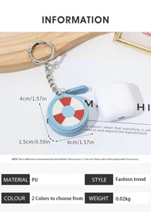 Mini estuche redondo de cuero PU para auriculares llavero vista detallada con medidas.