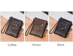 Vintage men's short wallet detail view showcasing multiple color variants with secure chain.