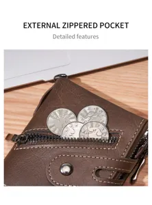 Detail view of men's vintage brown short wallet with external zipper pocket and card slots.