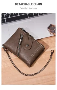 Men vintage leather short wallet detail showing double zipper and practical detachable chain.
