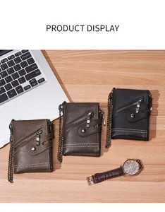 Men short vintage wallet multi card slot double zipper purse with anti-lost chain