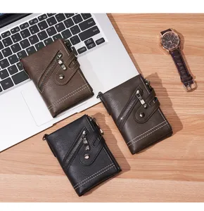 Detailed view of men's vintage short wallet with double zipper, multi-card slots and chain.