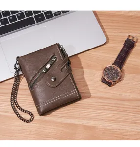 Vintage brown mens short wallet with metal chain multi card slots and dual zippers