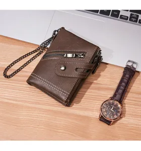 Men vintage short leather wallet with metal chain double zipper coin purse card holder.